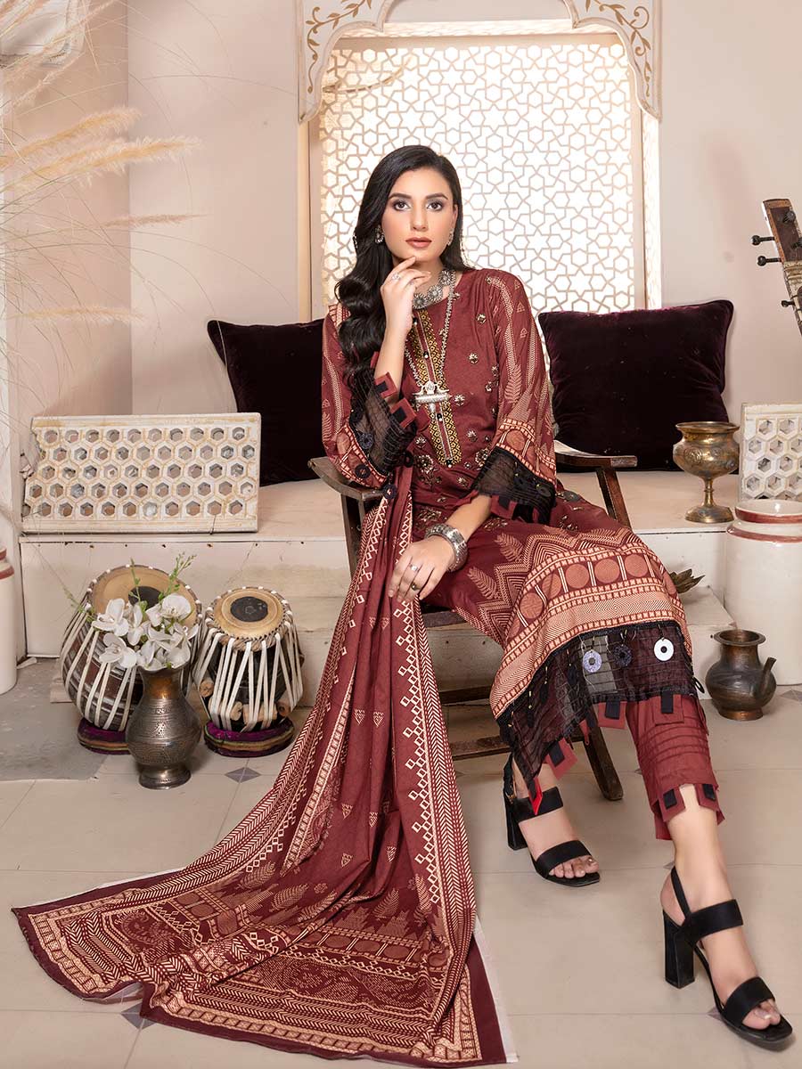 Blossom By Aalaya Unstitched Print and Embroidered Rust Red Winter Pakistani Suit
