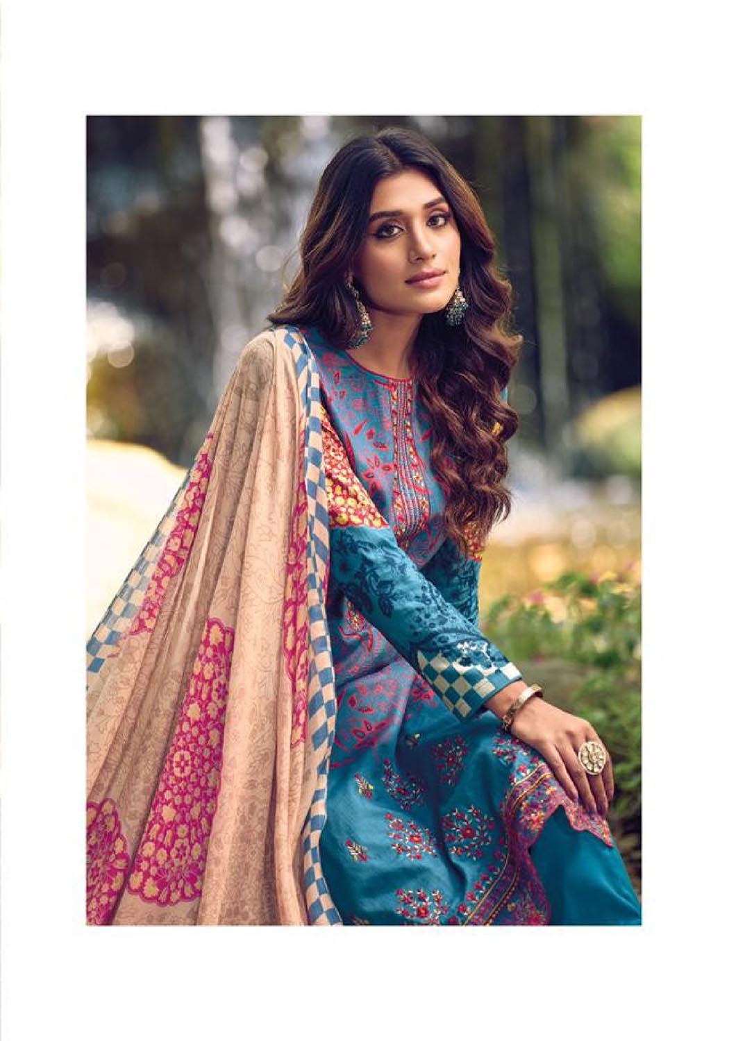 Aqsa Unstitched Cotton Suits Material Printed Embroidered Blue