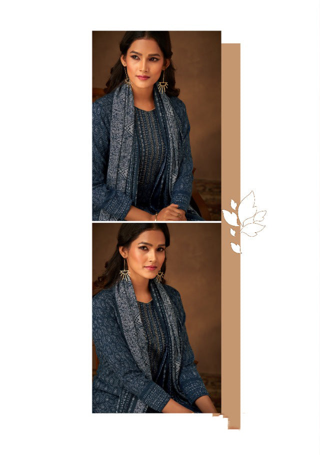 Pure Pashmina Printed Blue Winter Unstitched Salwar Suit