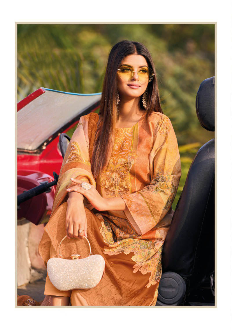 Aqsa Lawn Cotton Pakistani Print Unstitched Suit with Embroidery Orange