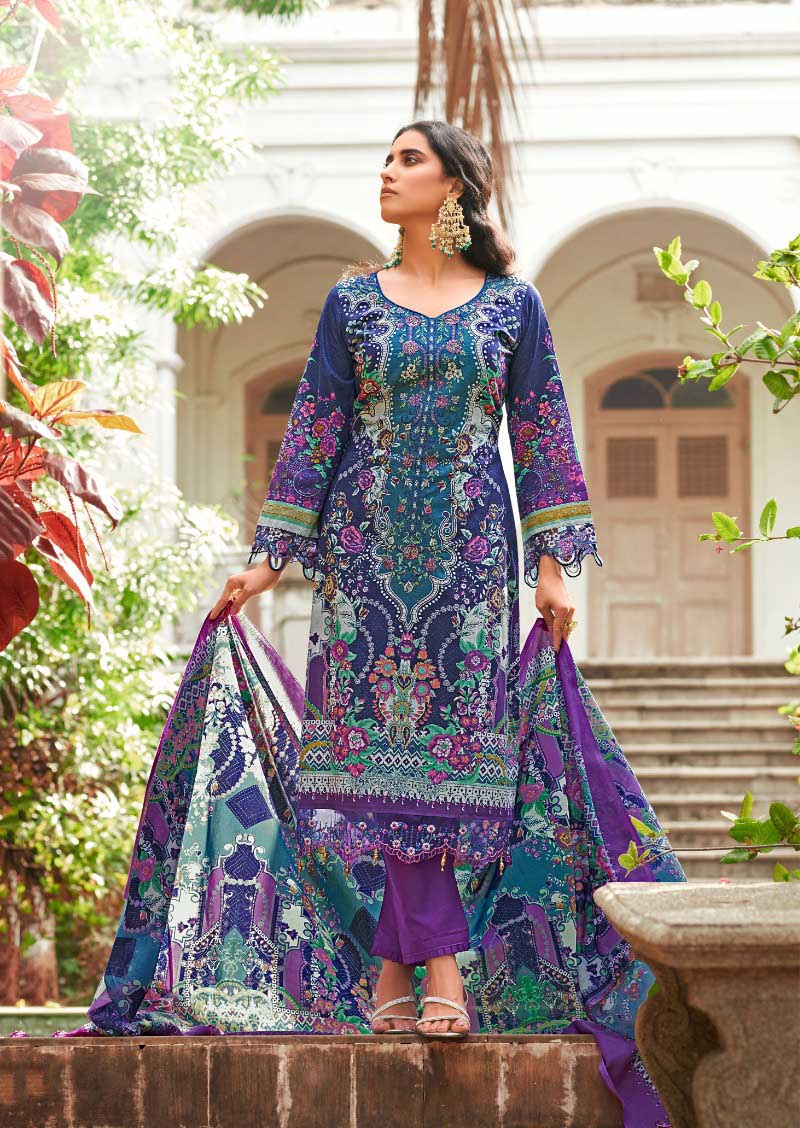 Levisha Pakistani Print Unstitched Cotton Suit Material Blue