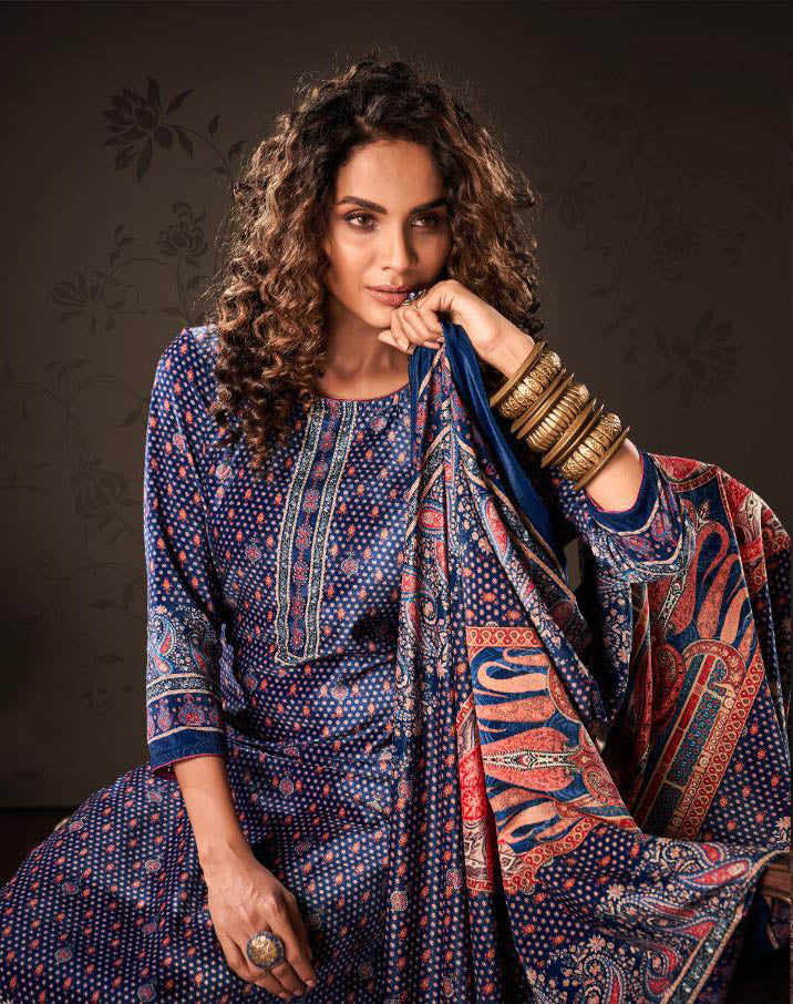 Blue Printed Unstitched Winter Velvet Suit Dress Material for Women