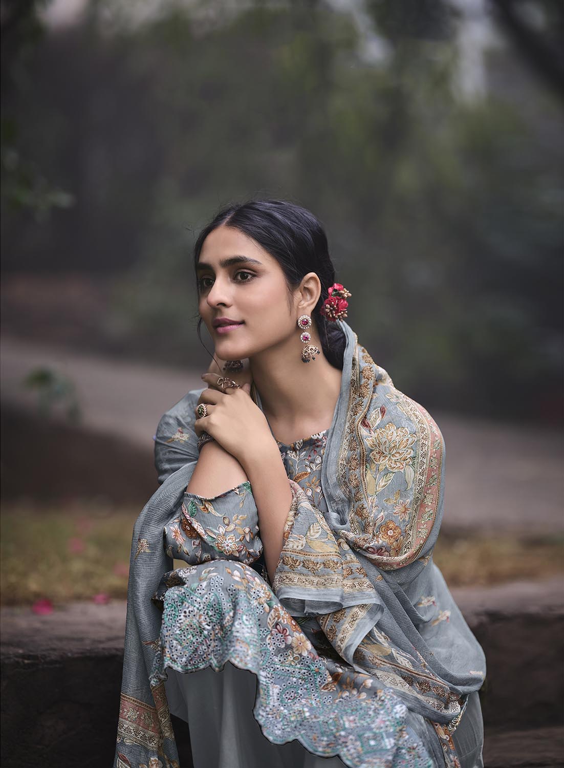 Unstitched Cotton Printed Suit Material with Embroidery Grey