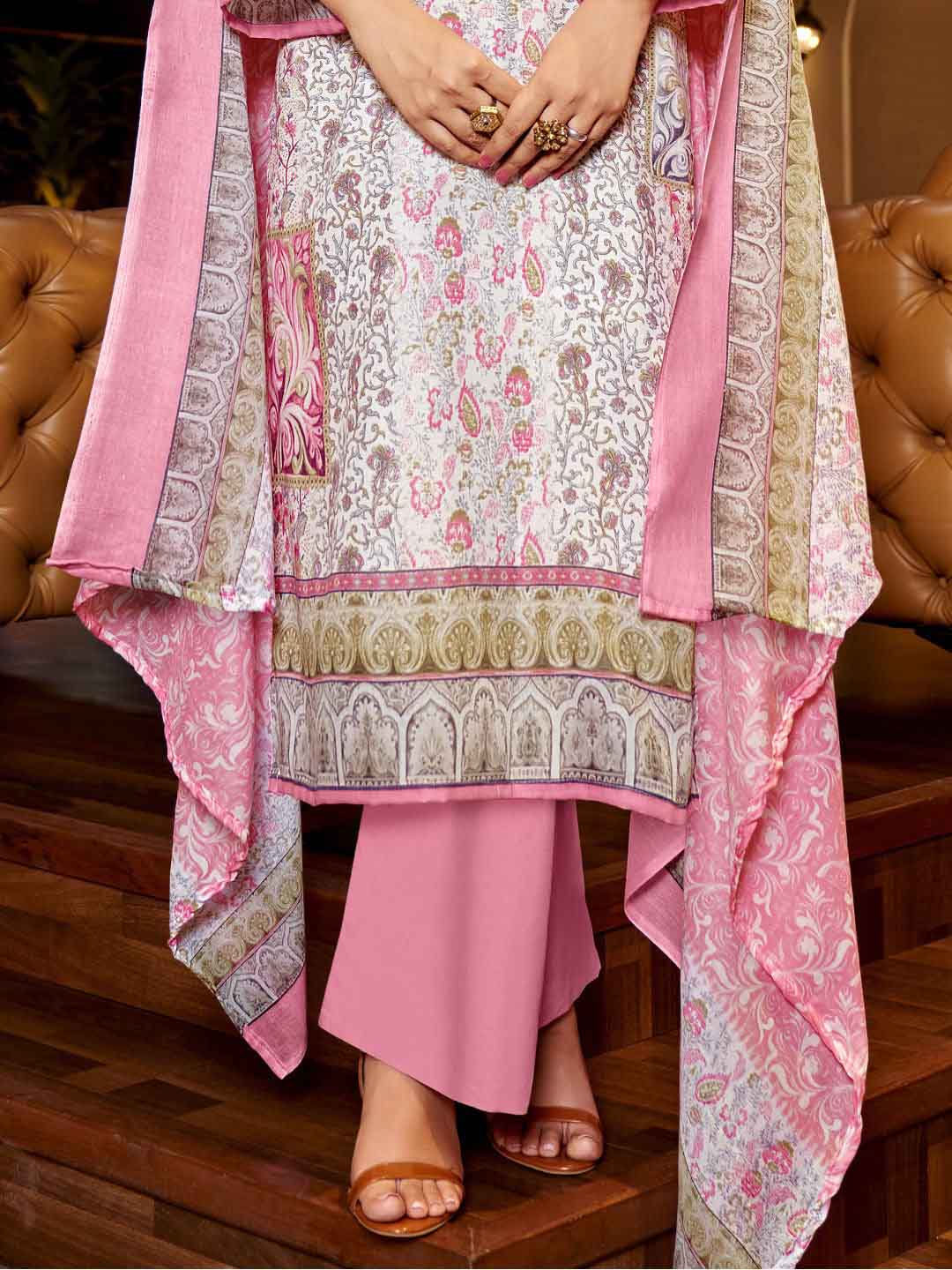 Zulfat Cotton Block Printed Unstitched Suit Set with Embroidery Pink