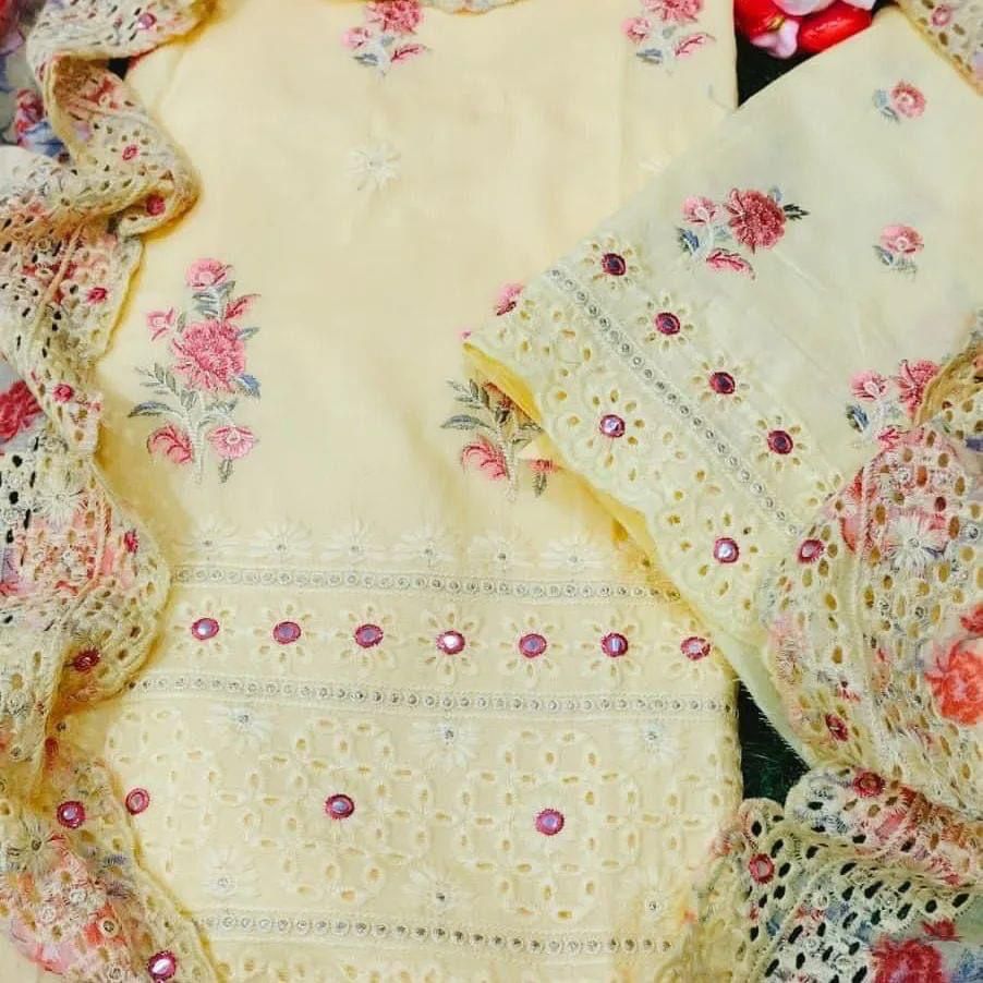 Mumtaz Arts Unstitched Pure Lawn Cotton Yellow Salwar Suit Material