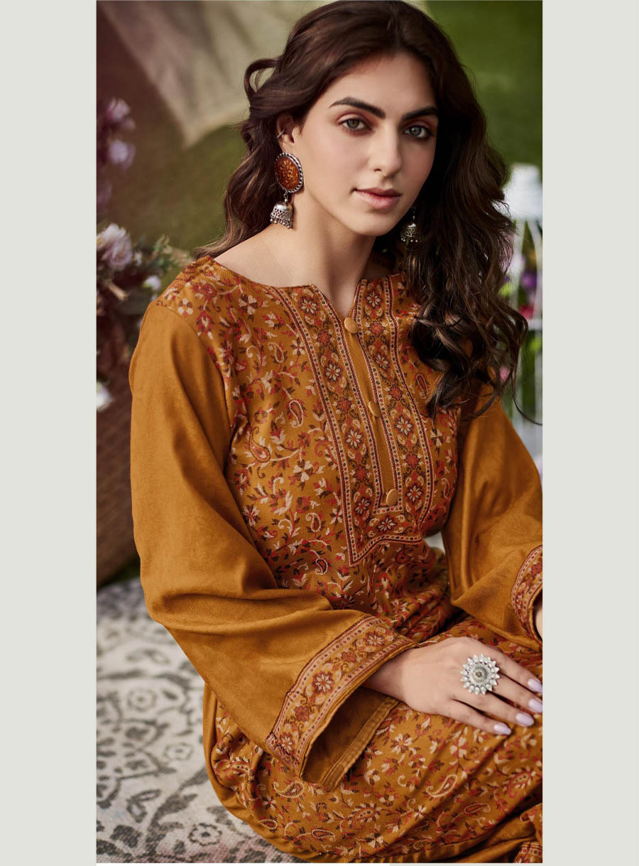 Belliza Woolen Pashmina Unstitched Yellow Winter Suit for Women