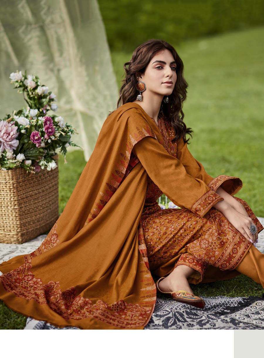 Belliza Woolen Pashmina Unstitched Yellow Winter Suit for Women