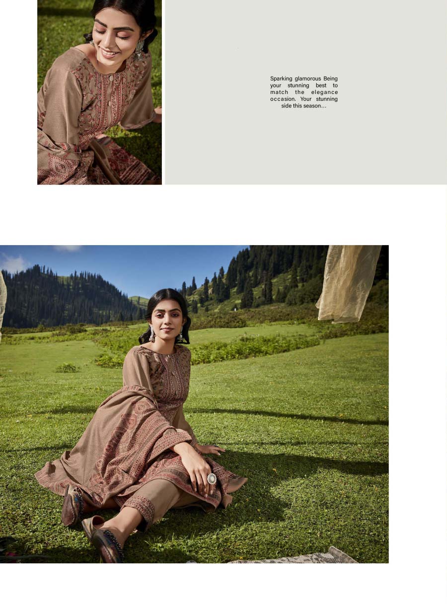 Belliza Woolen Pashmina Unstitched Brown Winter Suit for Women