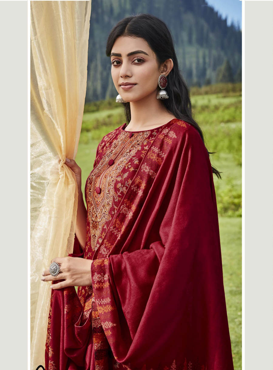 Belliza Wool Pashmina Red Winter Unstitched Suits