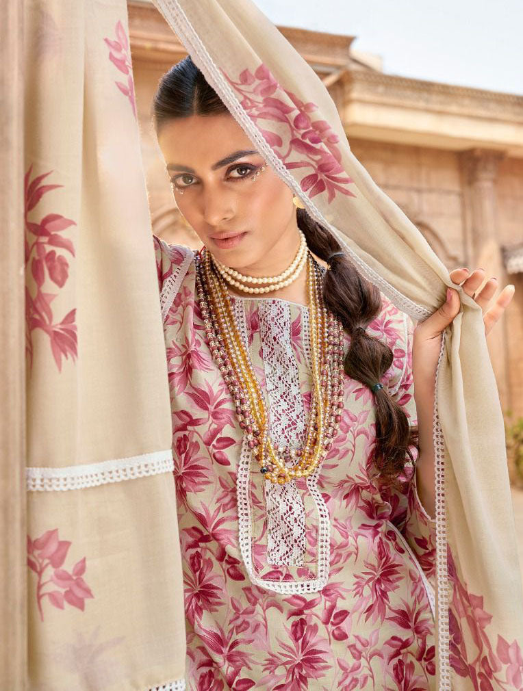 Unstitched Pure Lawn Cotton Suit Printed with Fancy Lace Work