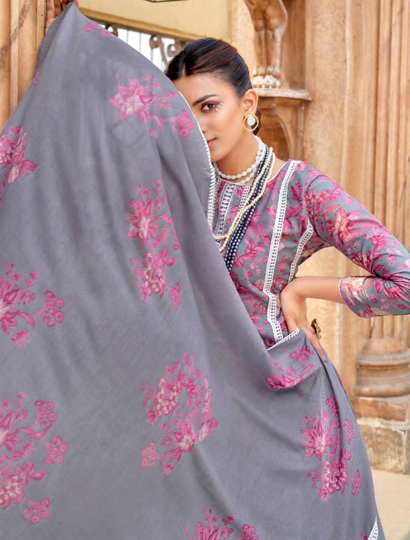 Unstitched Pure Lawn Cotton Suit Printed with Fancy Lace Work