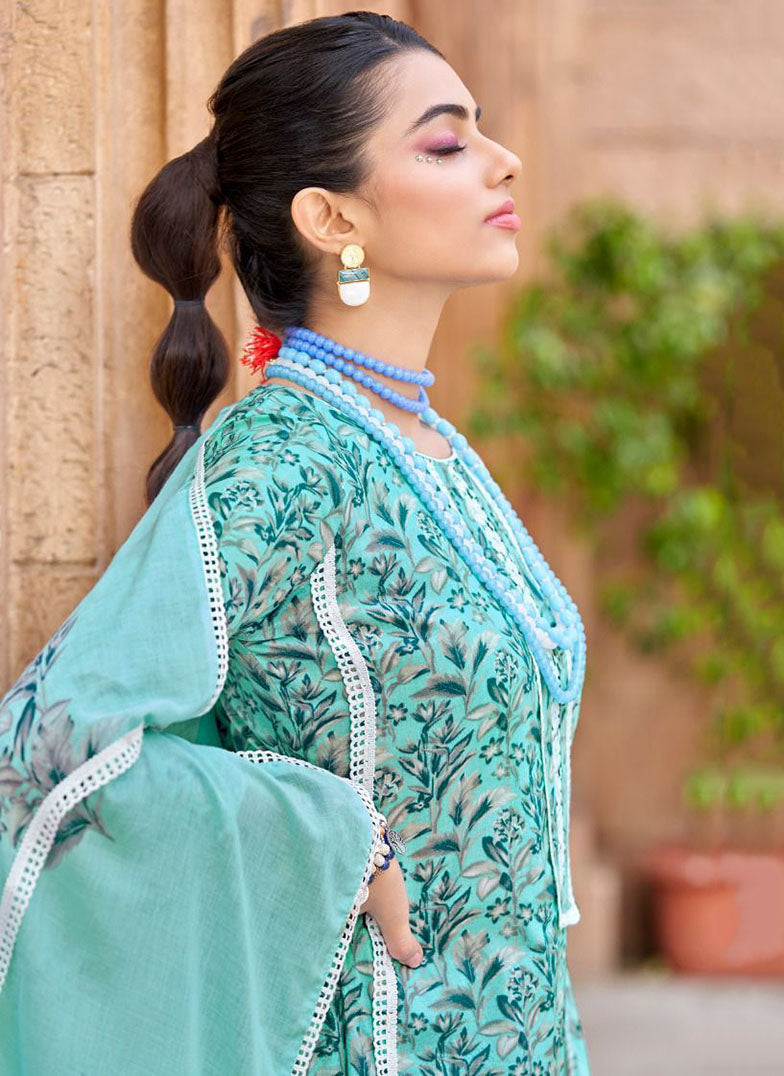 Unstitched Pure Lawn Cotton Suit Printed with Fancy Lace Work