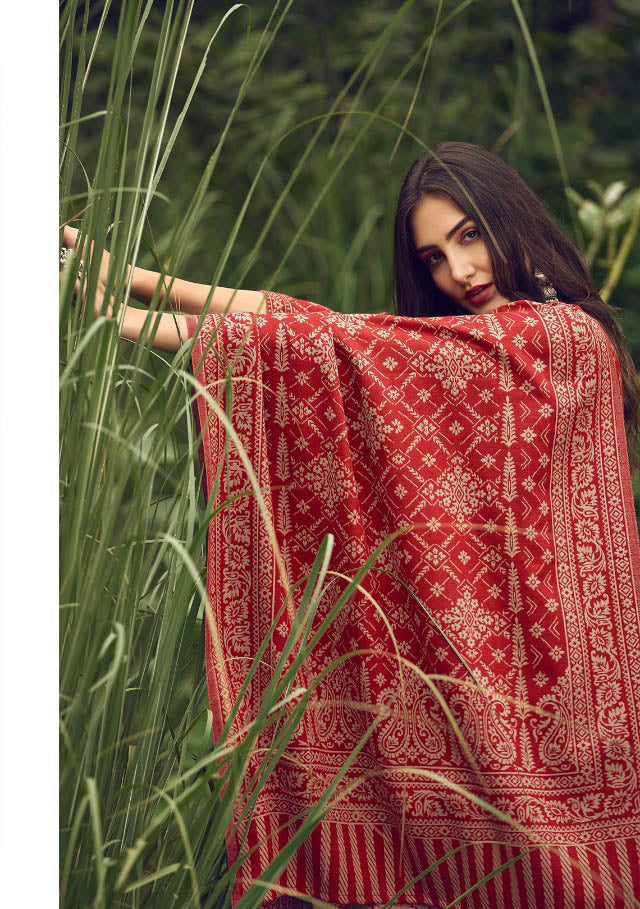 Handloom Weaving Red Pashmina Unstiched Winter Suit