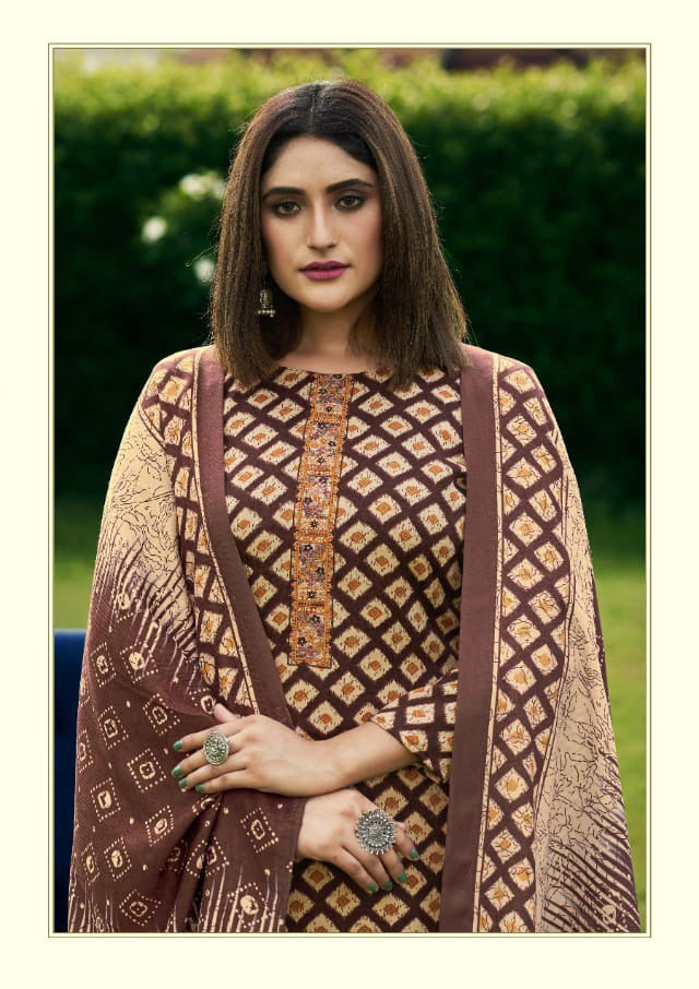 Unstiched Brown Winter Pashmina Woolen Suits for Ladies