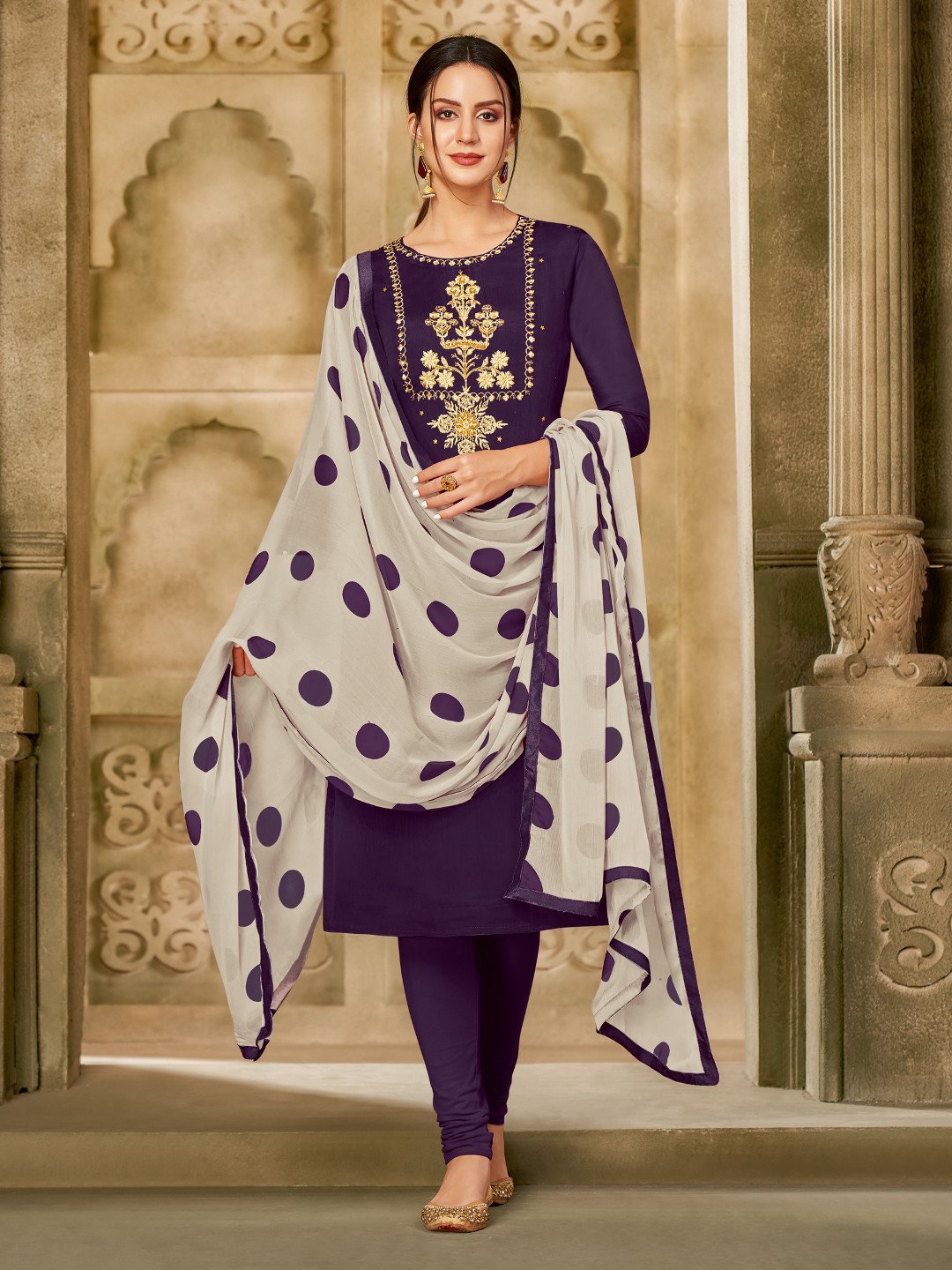 Zari Work Purple Cotton Un-Stitched Suit with Printed Dupatta