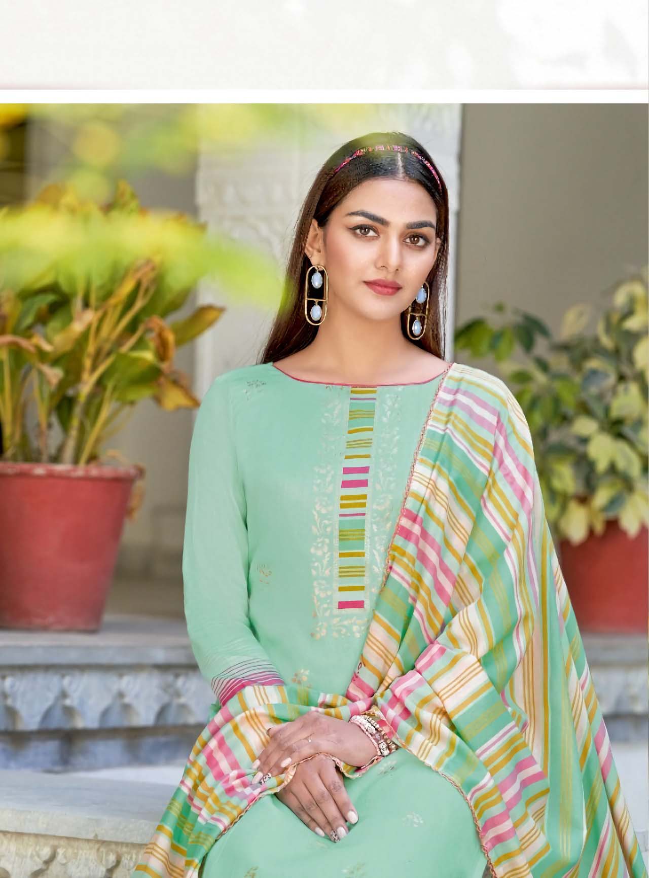 Alok Karachi Green Unstitched Cotton Salwar Suits Dress Material