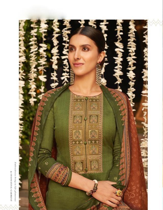 Bandhani Green Digital Printed Designer Dress Material with Neck Embroidery
