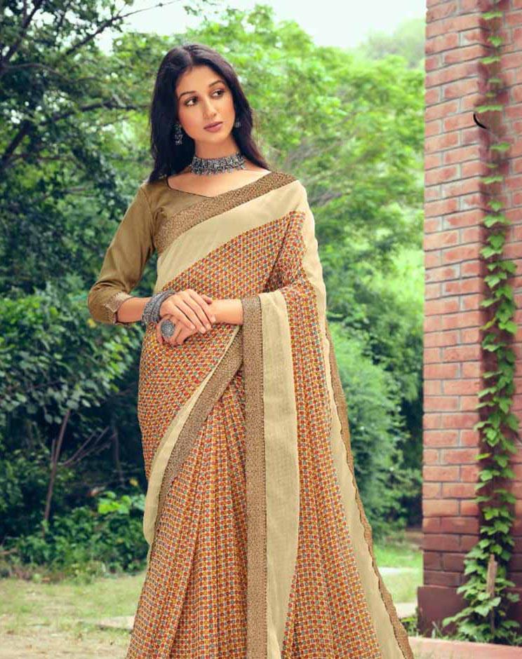 Beige Chiffon Printed Fancy Lace Border Saree for Women