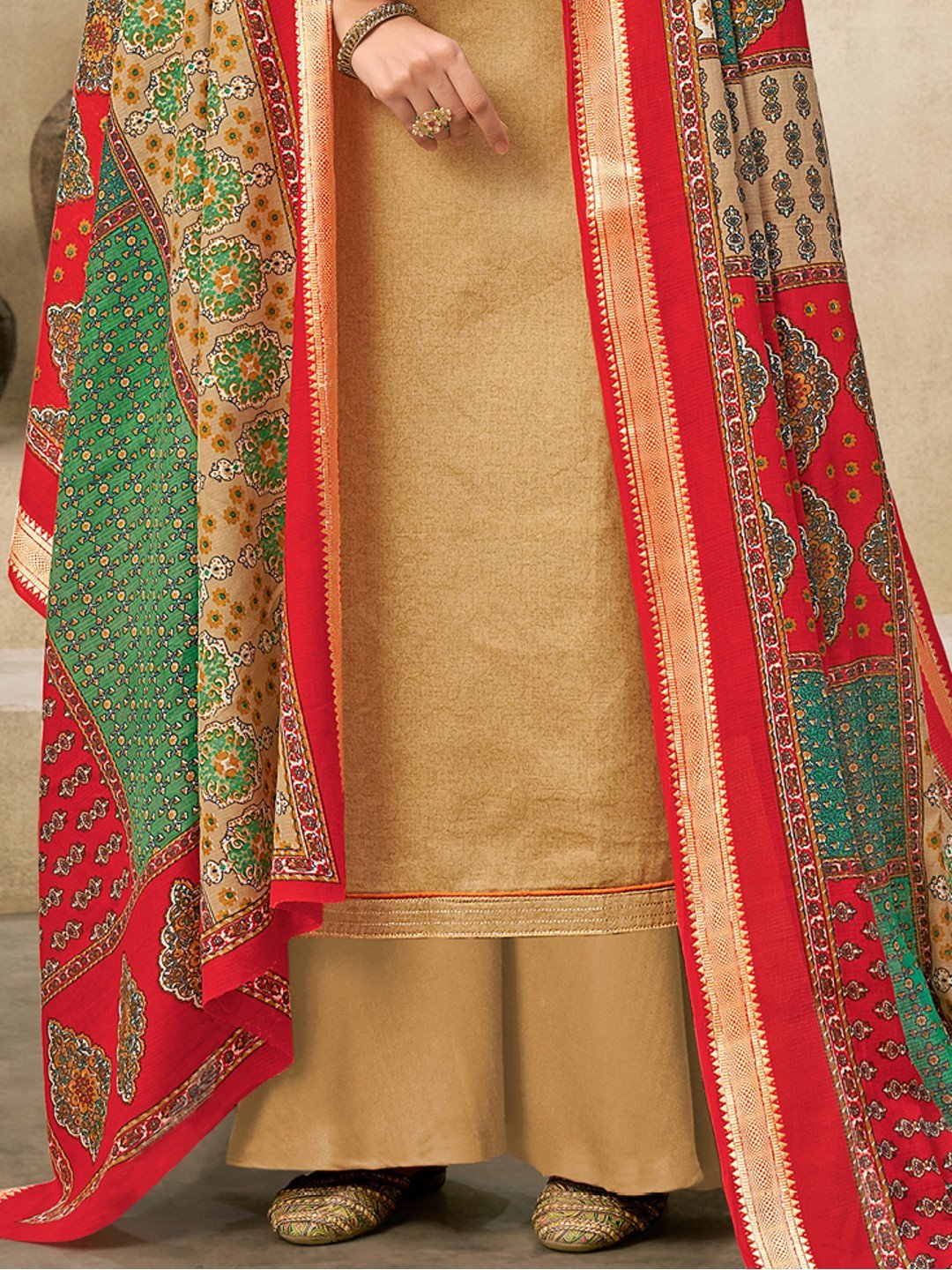 Beige Cotton Embroidered Un-Stitched Palazzo Suit Set