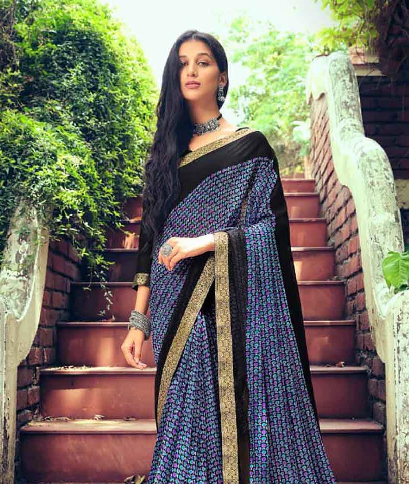 Black Chiffon Printed Fancy Lace Border Saree for Women