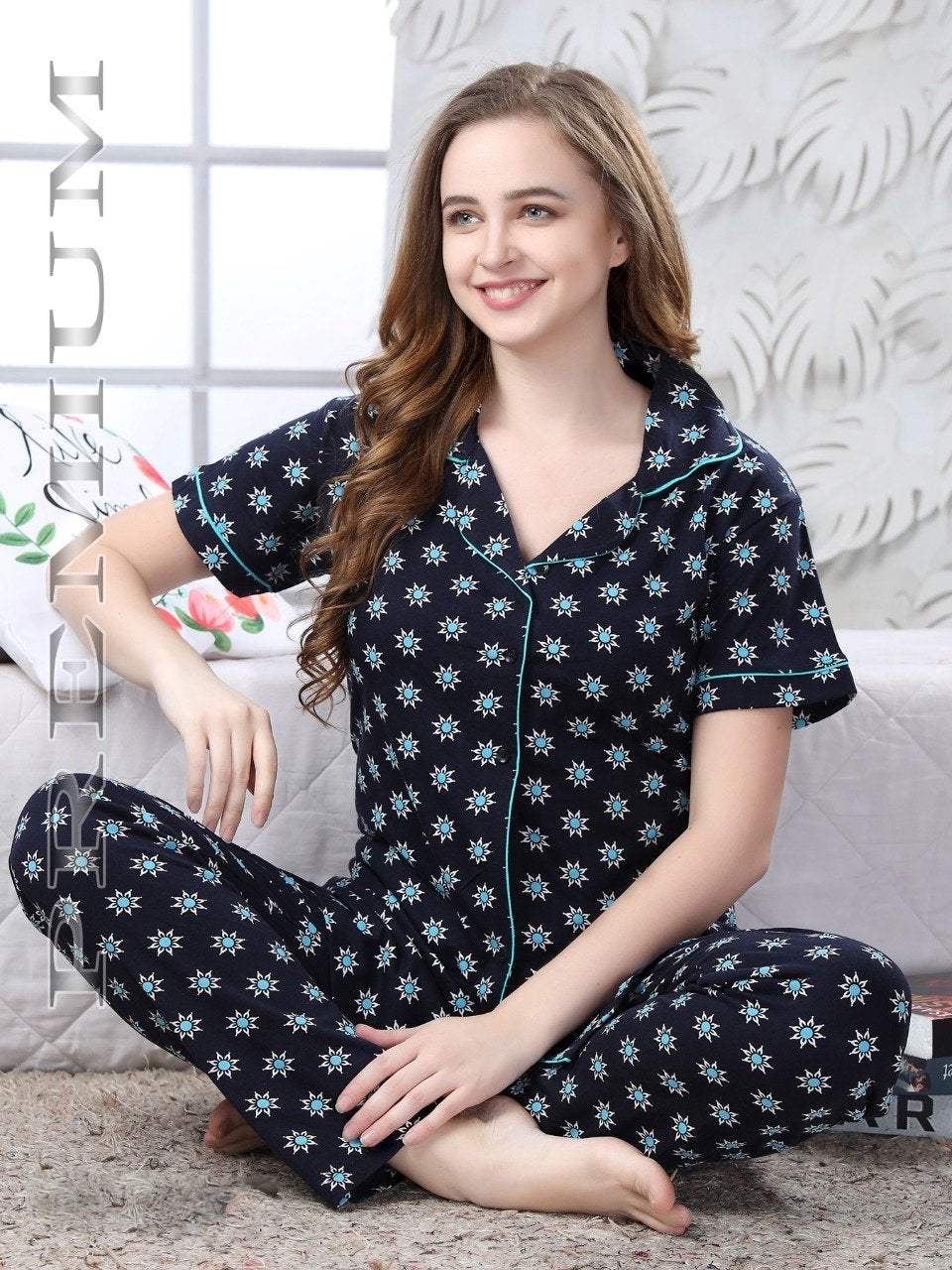 Black Cotton Night Wear Set With Collar for Women