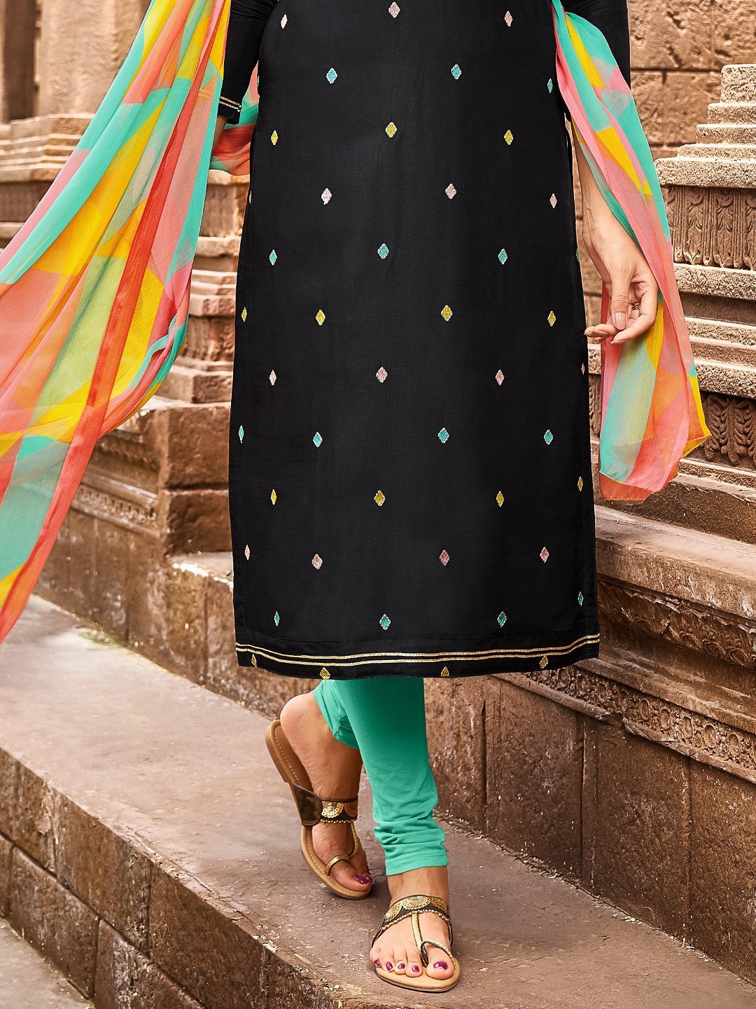 Black Embroidered Unstitched Cotton Suit With Dupatta