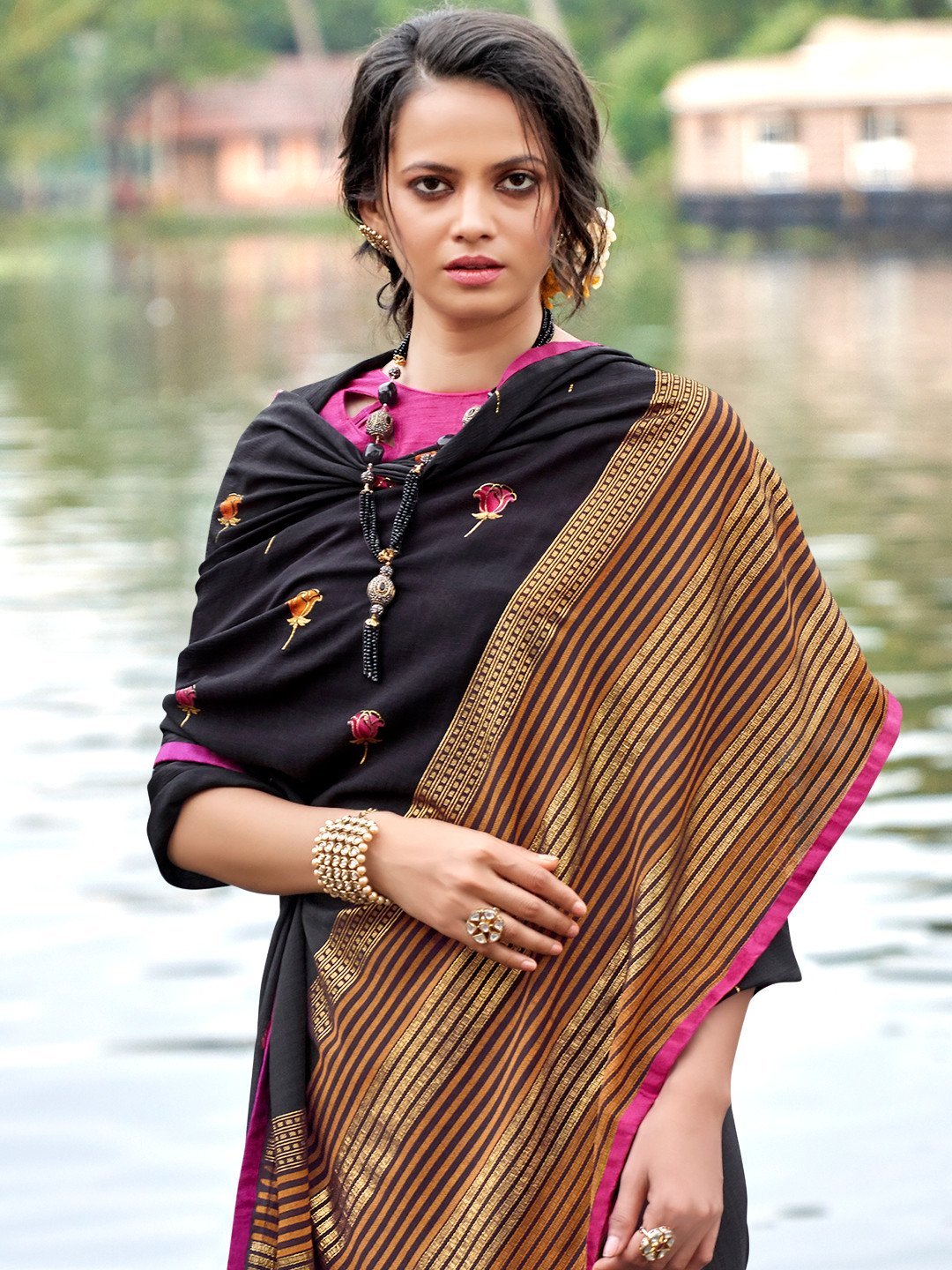 Black Print Chiffon Sarees for Women With Blouse