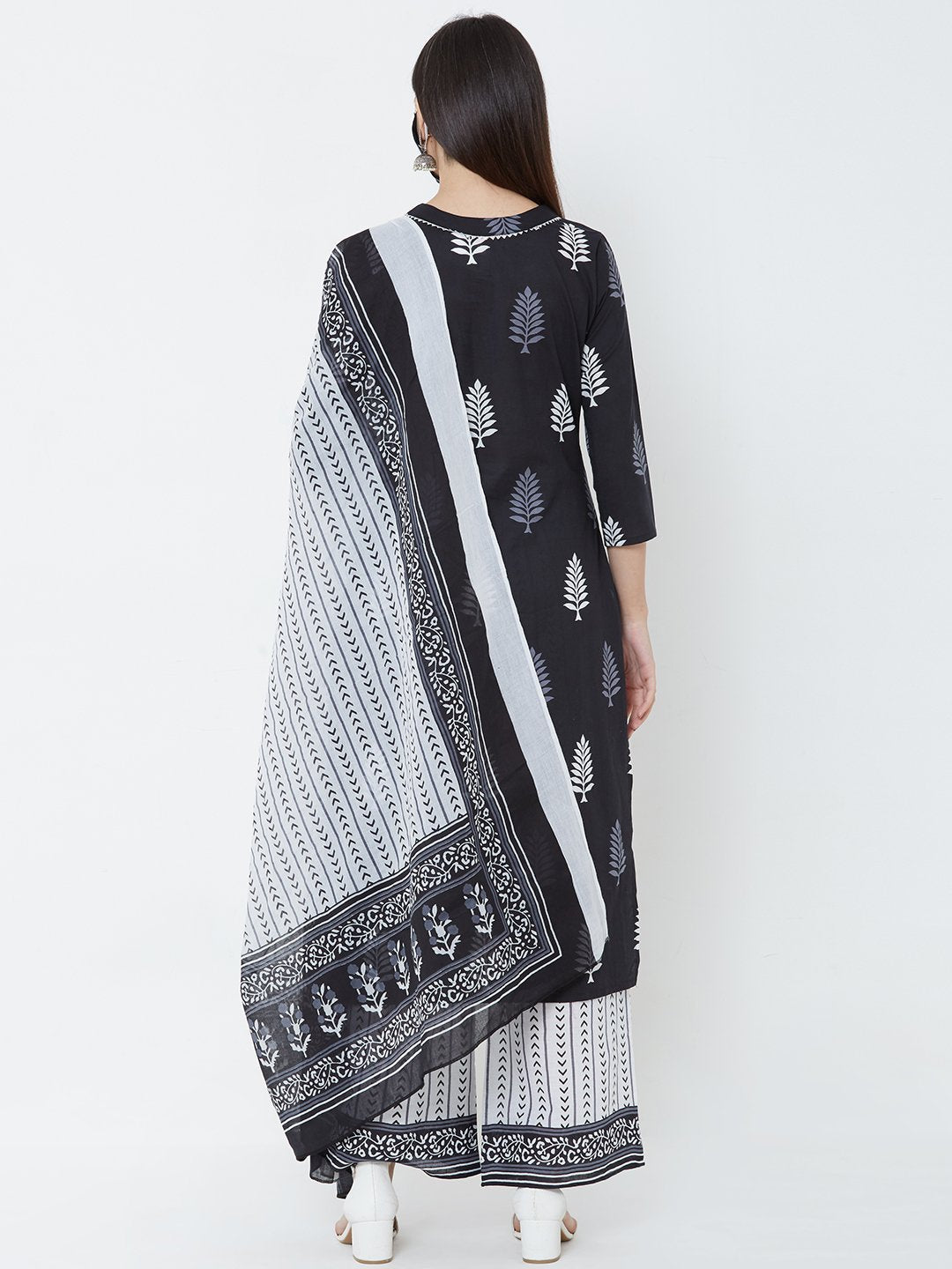 Black Printed Cotton kurta with Palazzo and Dupatta set