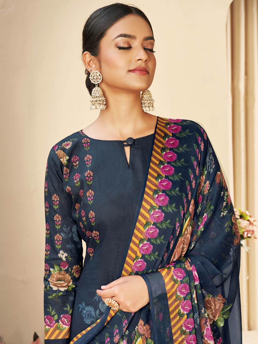 Black Printed Cotton Unstitched Suit With Chiffon Dupatta