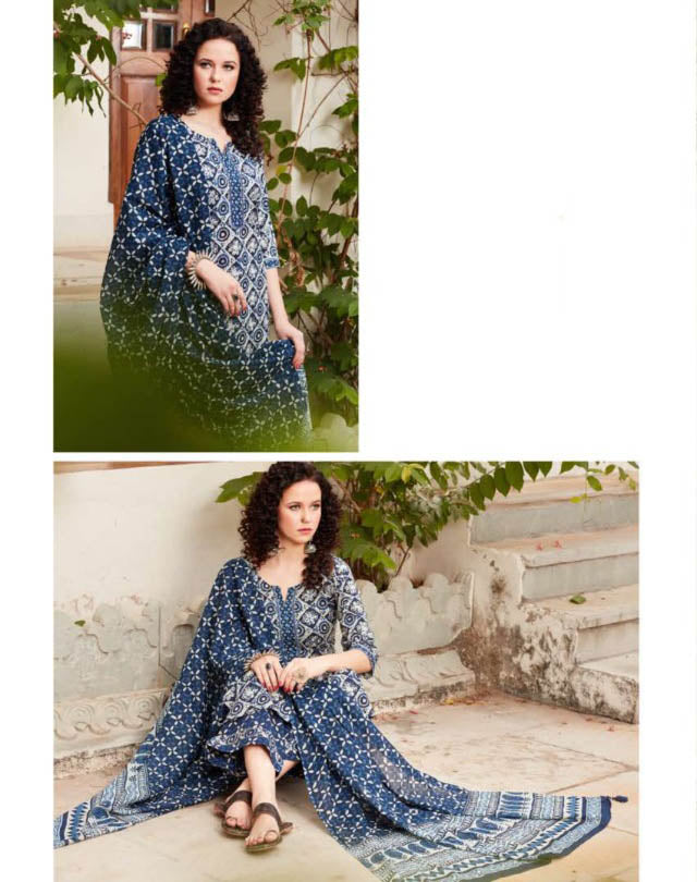 Blue Cotton Kurti Pant Set with Dupatta