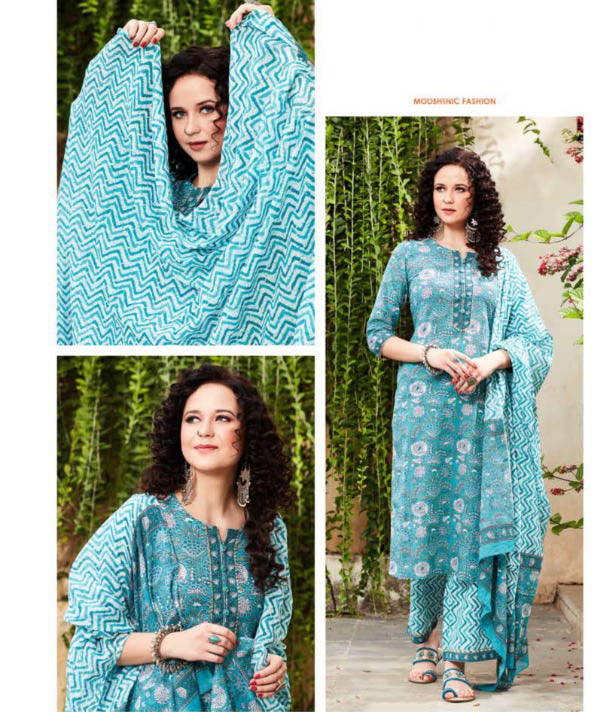 Blue Cotton Kurti Pant Set with Dupatta