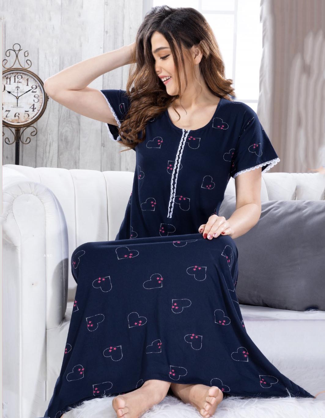 Blue Long Cotton Nighty Dress for Ladies