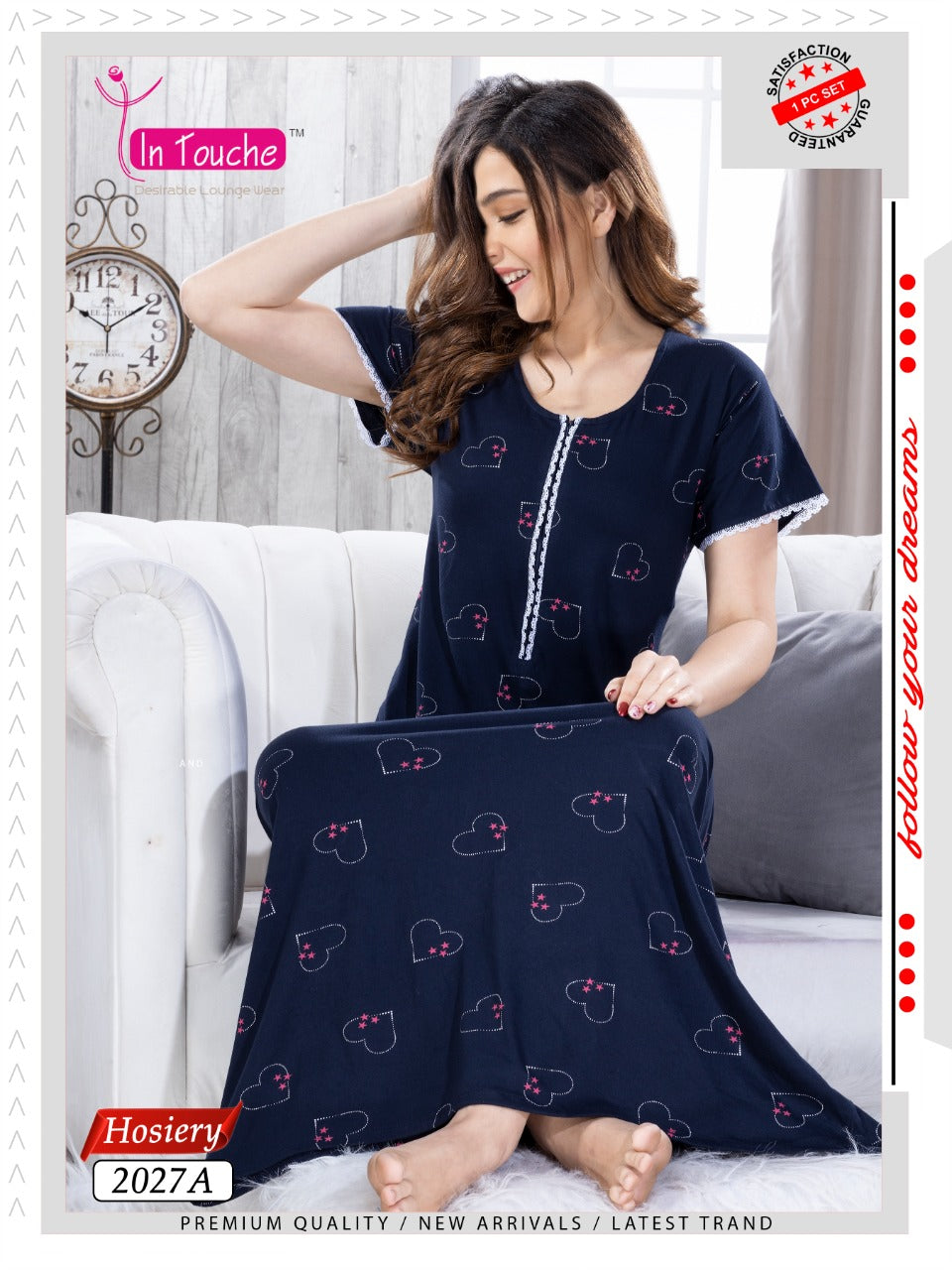 Blue Long Cotton Nighty Dress for Ladies