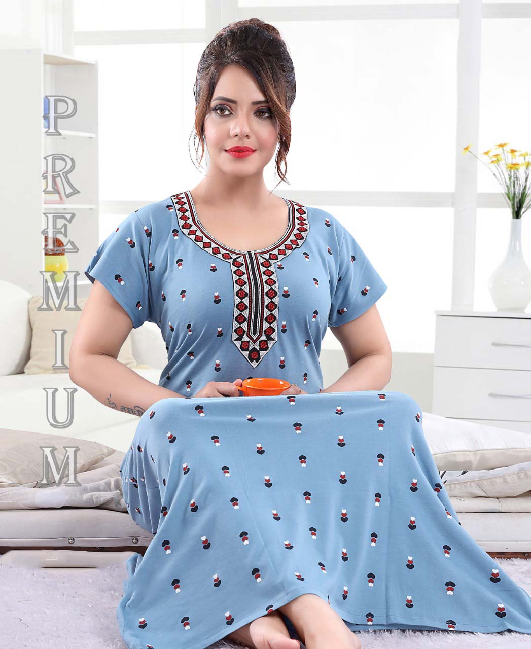 Blue Long Cotton Nighty Night Wear with Embroidery