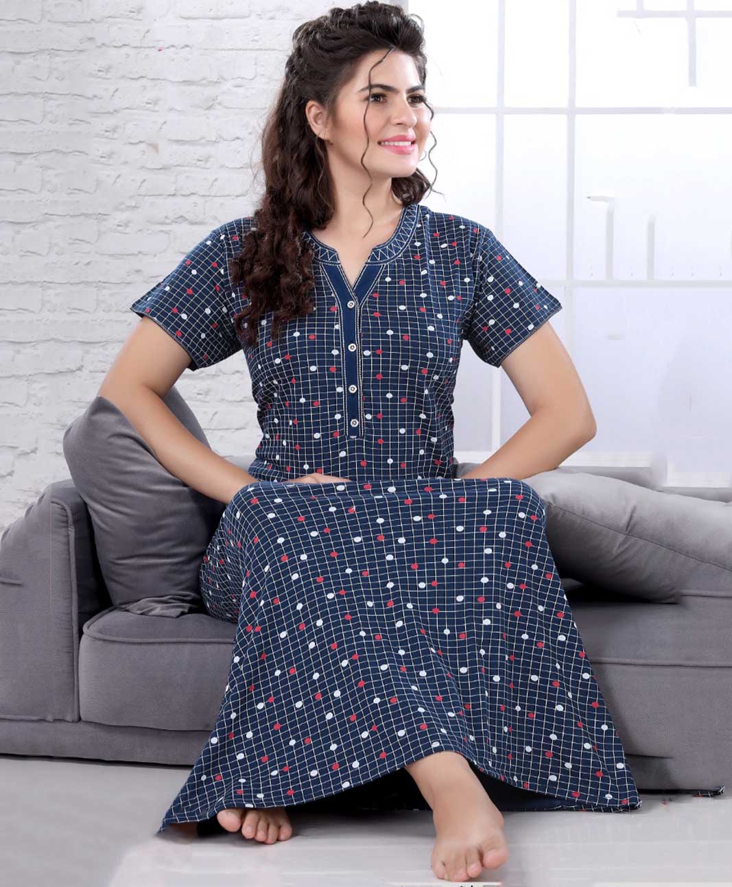 Blue Printed Cotton Full Length Nighty for Women