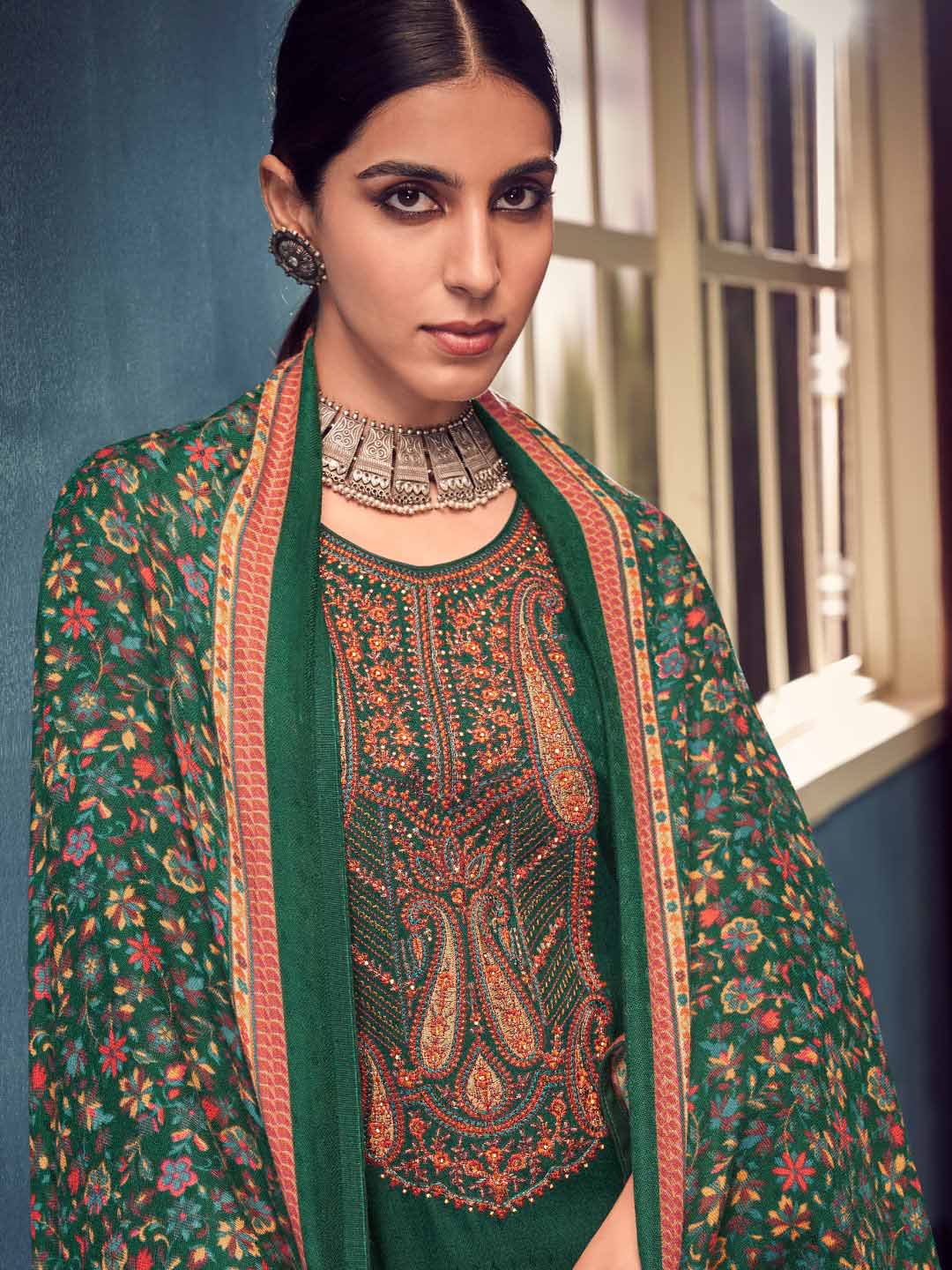 Green Pashmina Twill Embroidered Unstitched Winter Suits