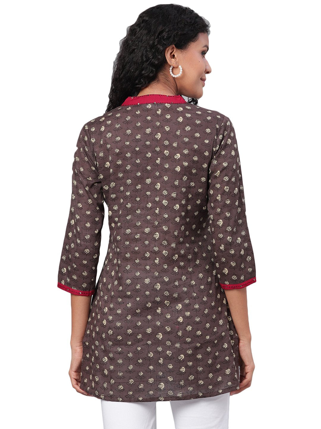 Brown Cotton Casual Long Tunic Top for Women