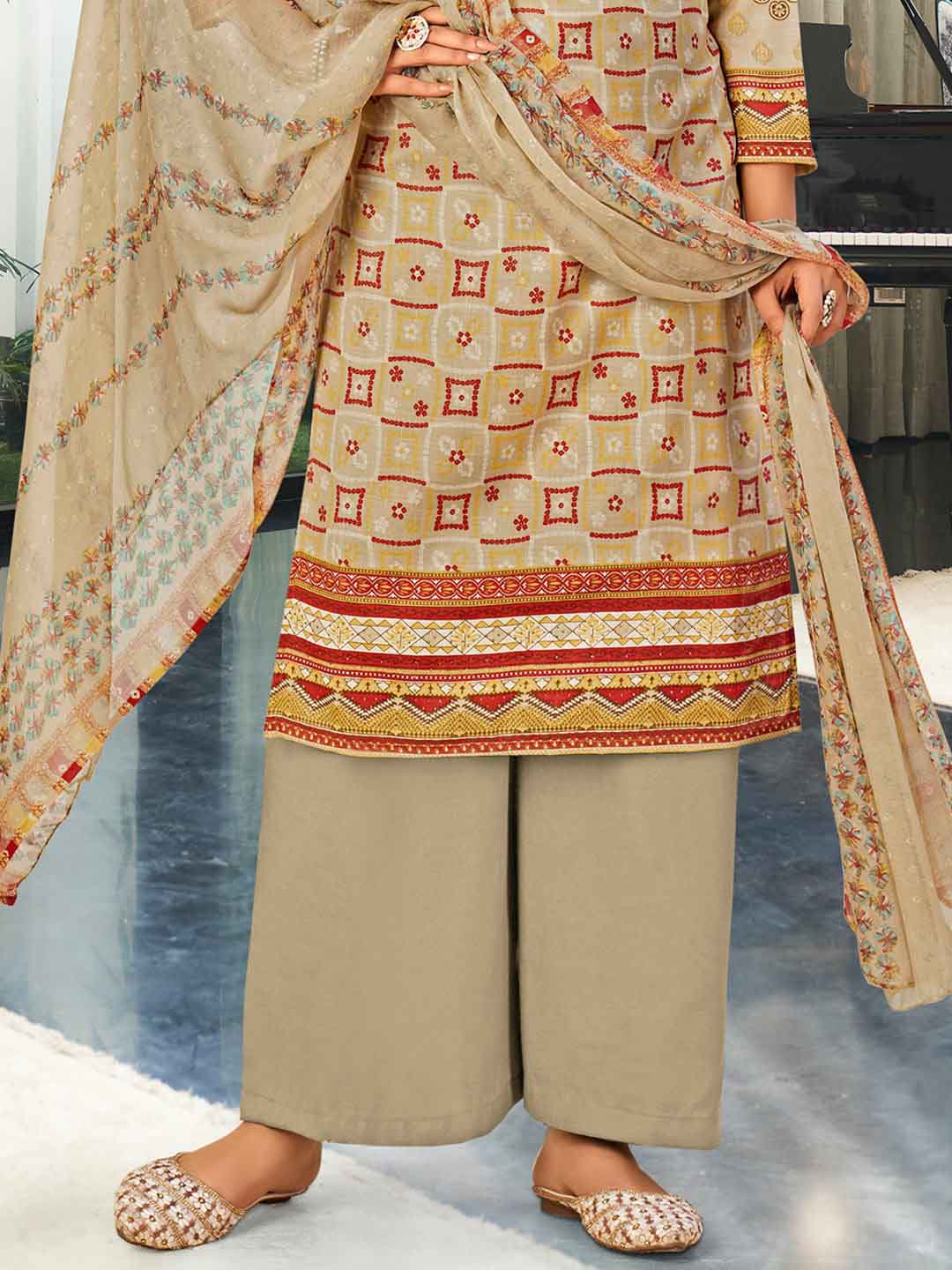 Unstitched Brown Cotton Printed Suit Materials with Dupatta