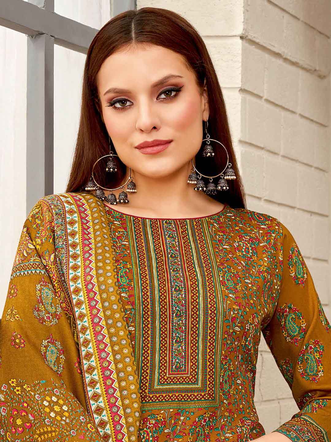 Dark Brown Printed Spun Pashmina Unstitched Winter Suit