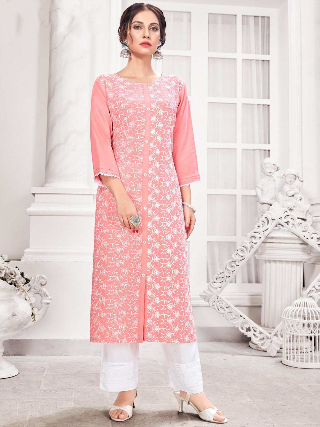 Button Style Peach Rayon Kurta with Pants