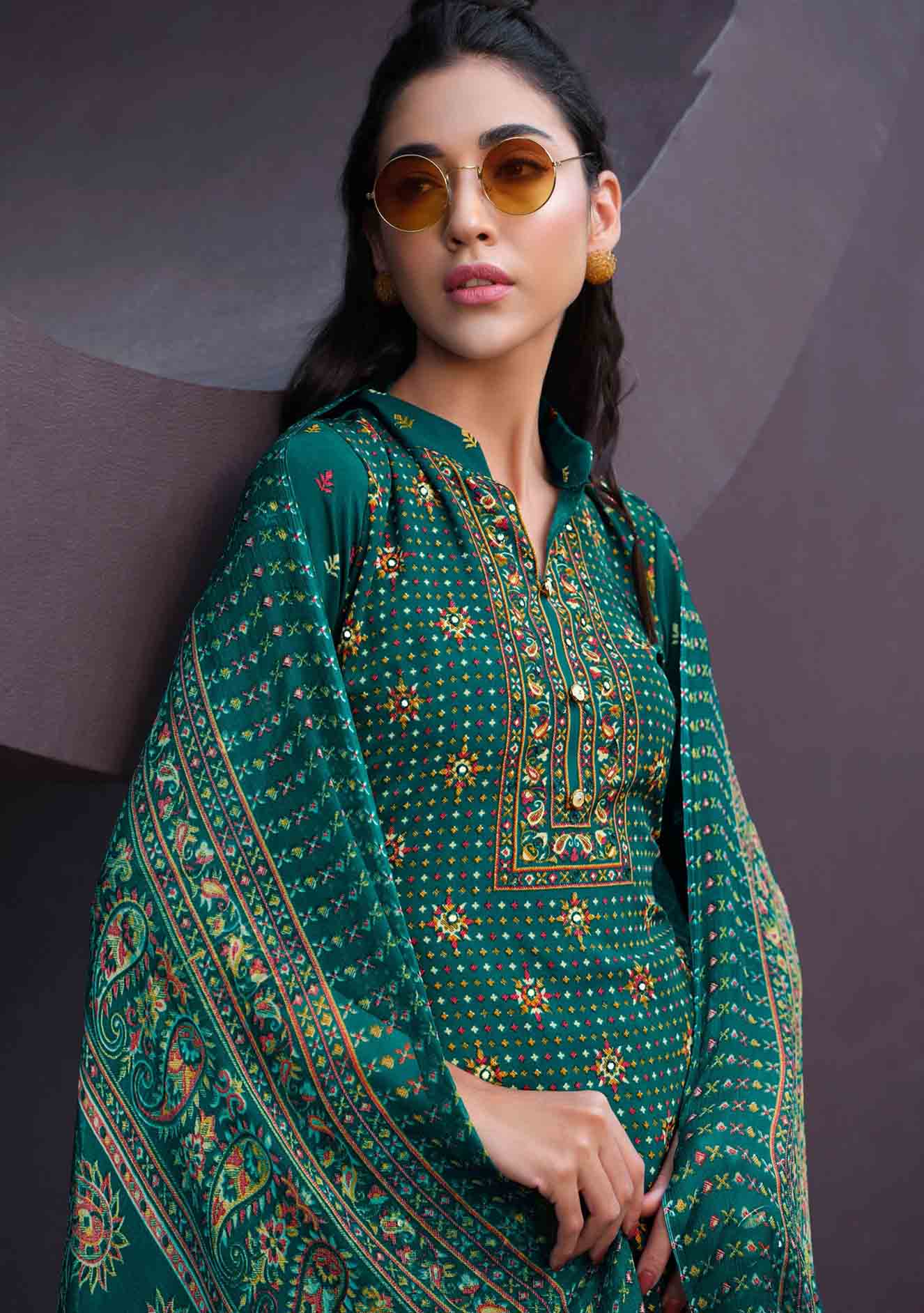 Pure Crepe Unstitched Women Suits Green Dress Material