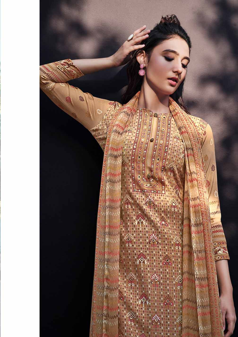 Pure Crepe Unstitched Women Suits Beige Dress Material