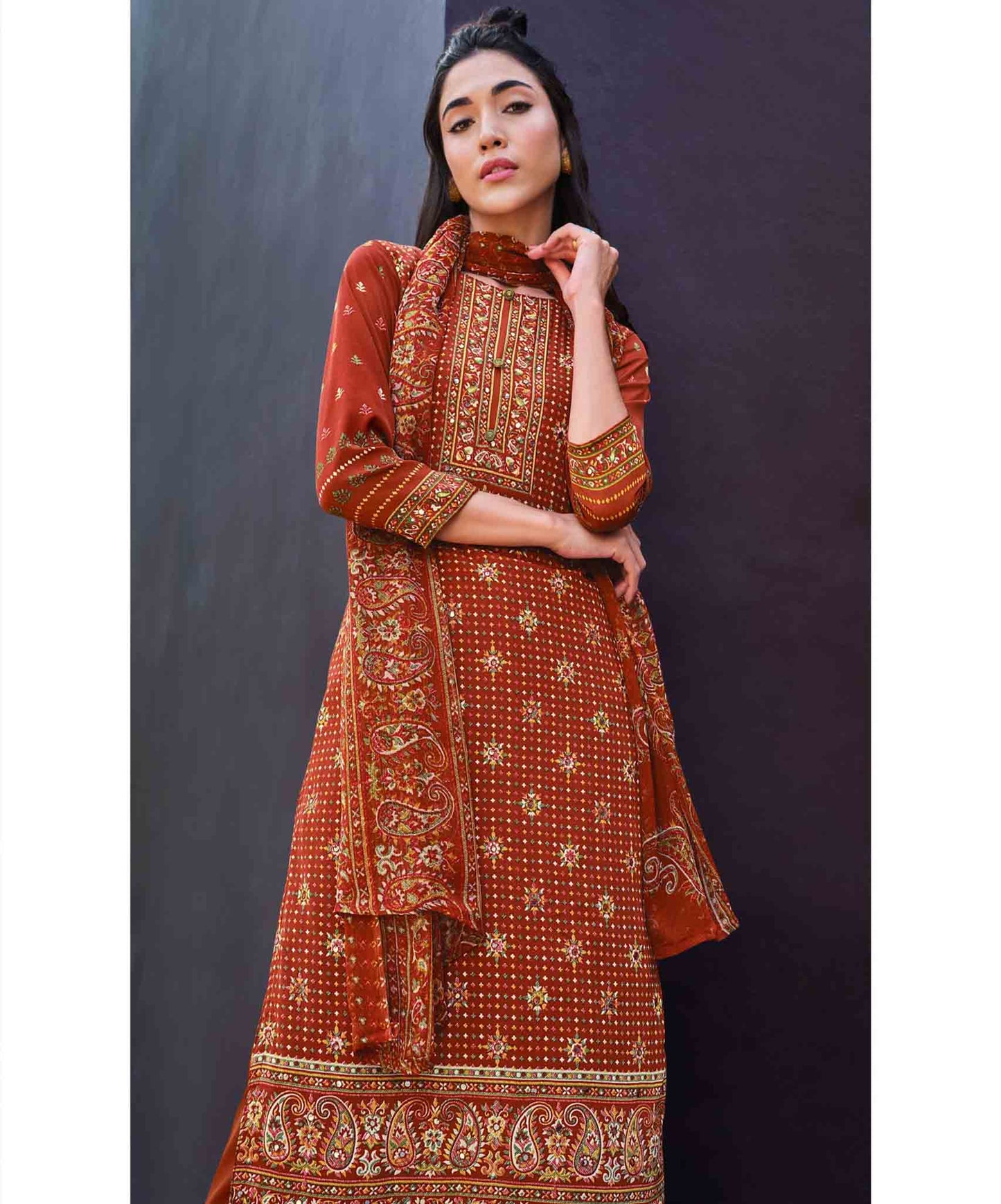 Pure Crepe Unstitched Women Suits Rust Red Dress Material