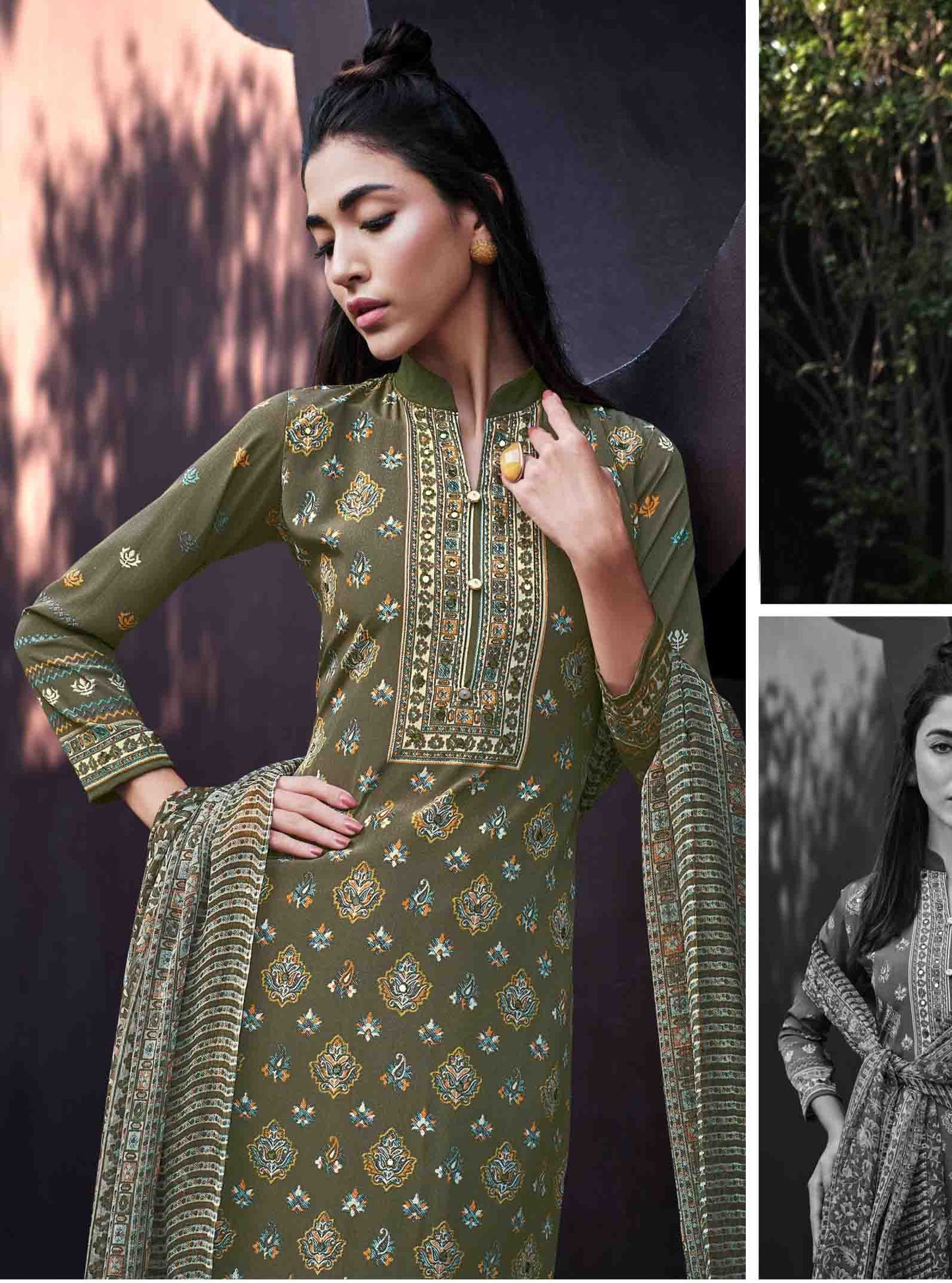 Pure Crepe Unstitched Women Suits Olive Green Dress Material