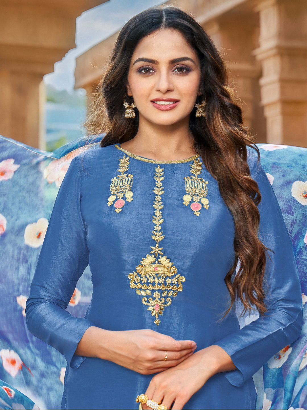 Blue Embroidered Unstitched Chanderi Cotton Suit for Women