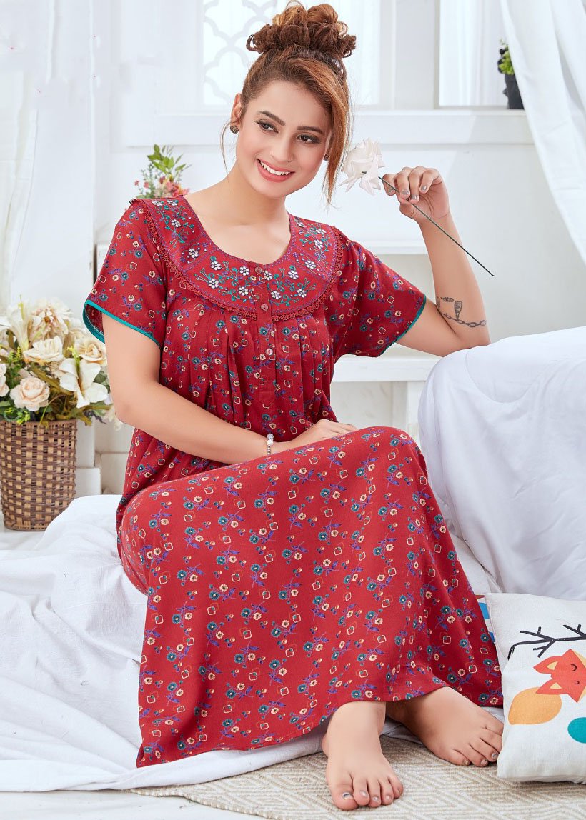 Cotton Long Green Nighties for ladies with Embroidery – Stilento