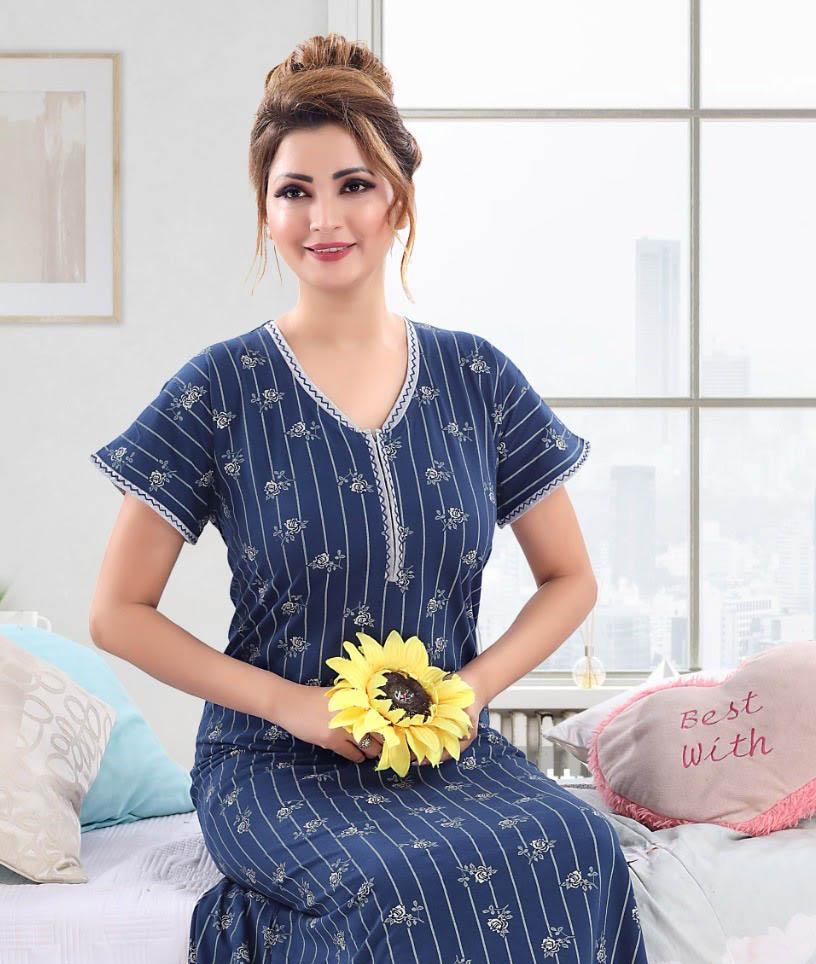 Cotton Blue Long Nighty Nightgown for Women