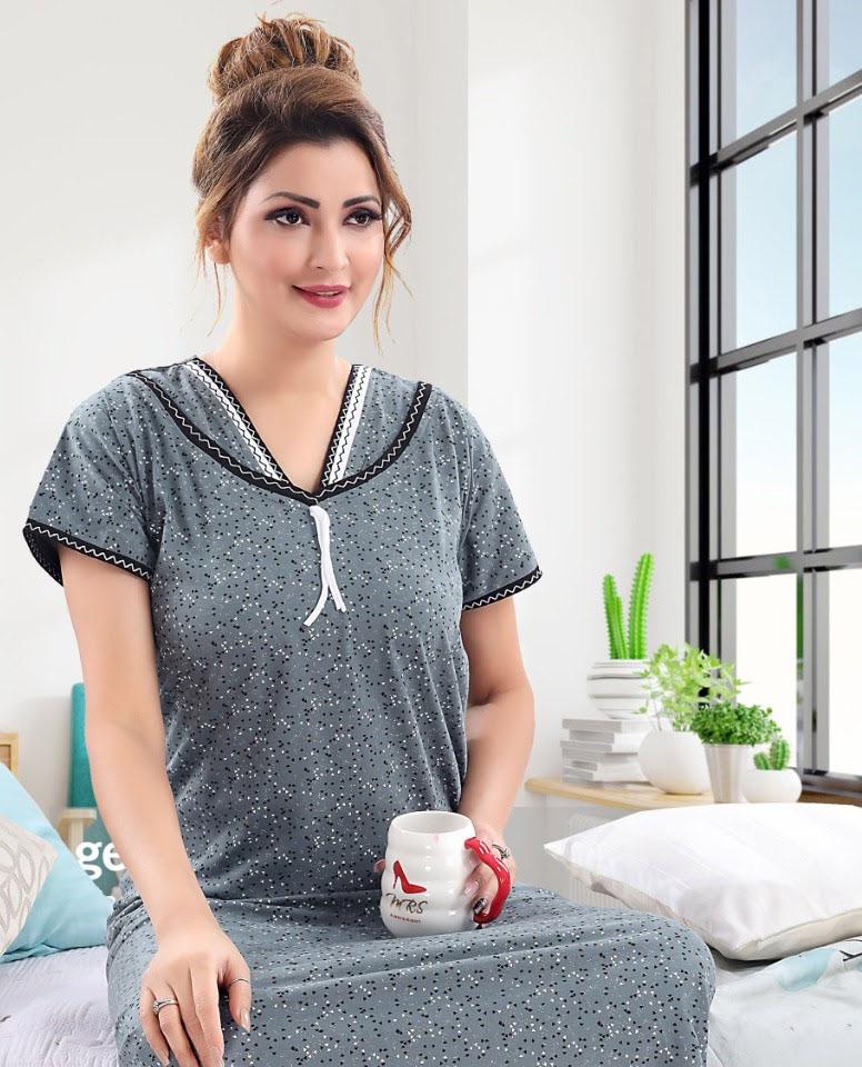 Cotton Grey Long Nighty Night Wear for Women