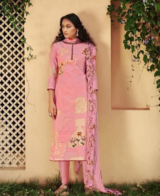 Cotton Linen Pink Unstitched Suit With Chiffon Dupatta
