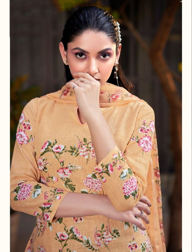 Cotton Linen Printed Orange Dress Materials with Chiffon Dupatta